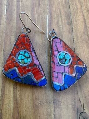 Vintage lapis, turquoise and coral inlay earrings